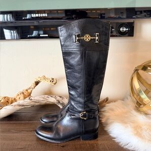Tory Burch Calista Black Leather Logo Gold Tall Riding Boot Sz 7M